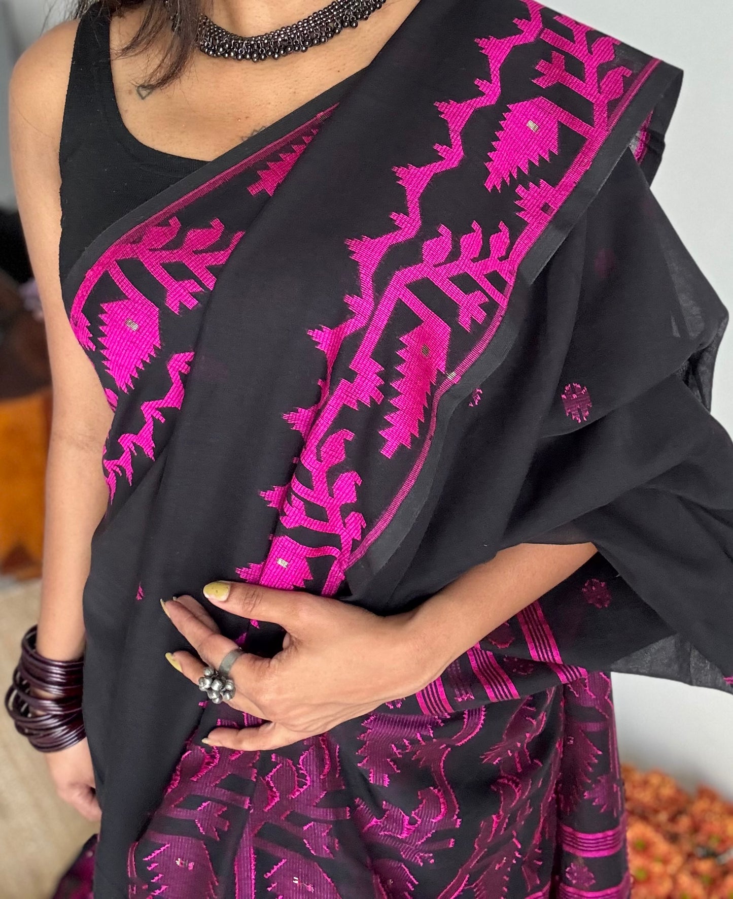 Black with magenta contrast jamdani saree in soft handloom cotton - YCBCJDFE380