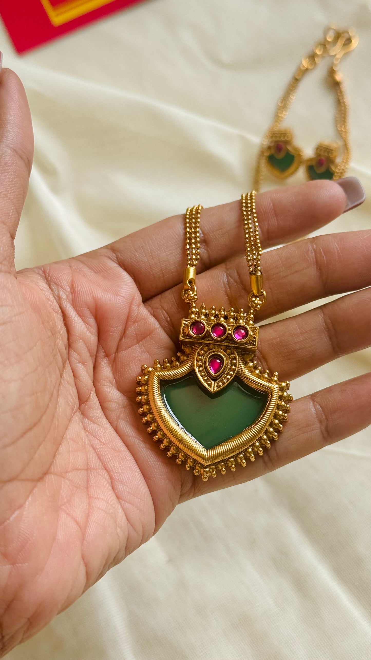 Palakka pendant, matte finished neckpiece, with earrings - YCGPNP797