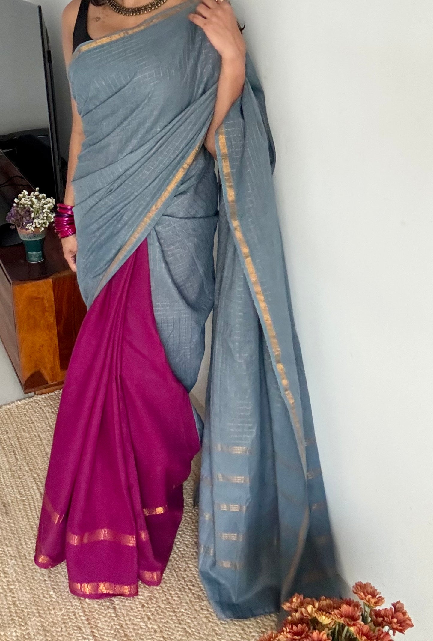 Mallinila (மல்லிநிலா): grey with vaadamalli purple pink, sungudi cotton - YCENOID14