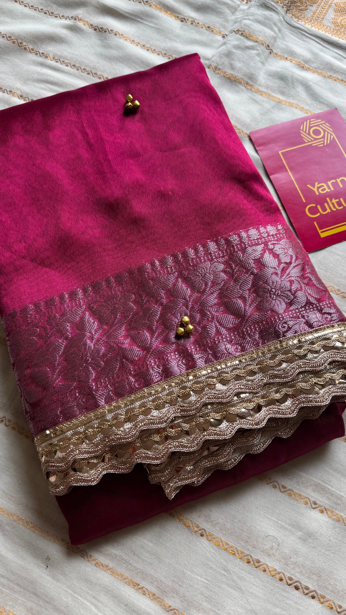 Raspberry pink silver tissue Banarasi saree with lace zari border - YCBLTOC68