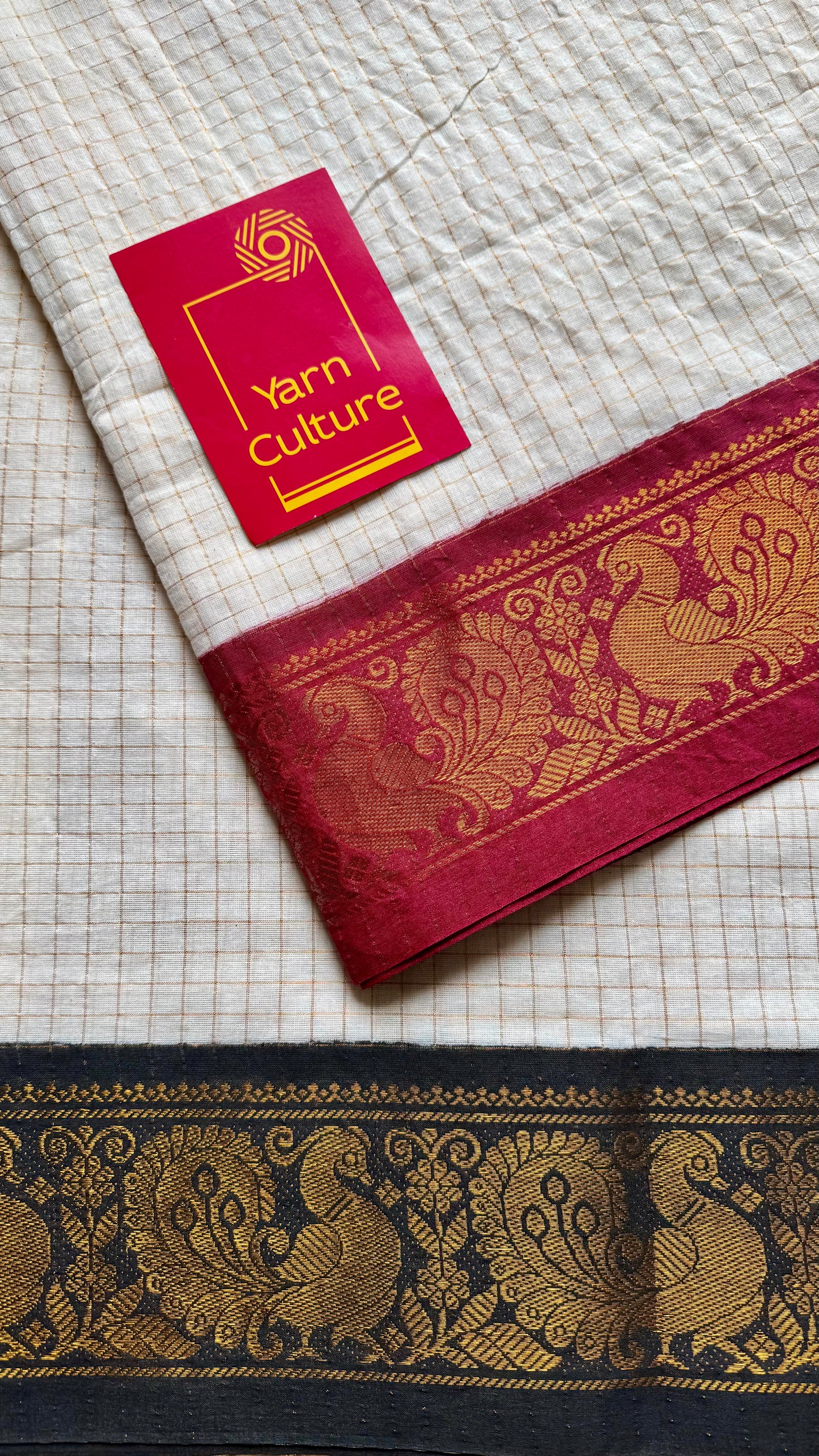 Ayesha : Chembarathi - Sungudi checks, ivory gold base, black and maroon dual tone border, soft cotton - YCIEON162