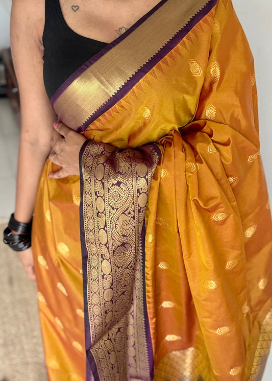 Vaidhi - mustard with deep purple, handloom korvai semi silk - YCCOTNFEJUKS02