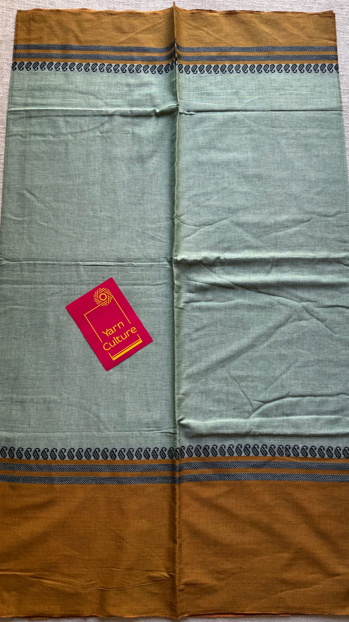 Dhonekhali handloom soft cotton saree, sage green with light brown border - YCBCDFE255