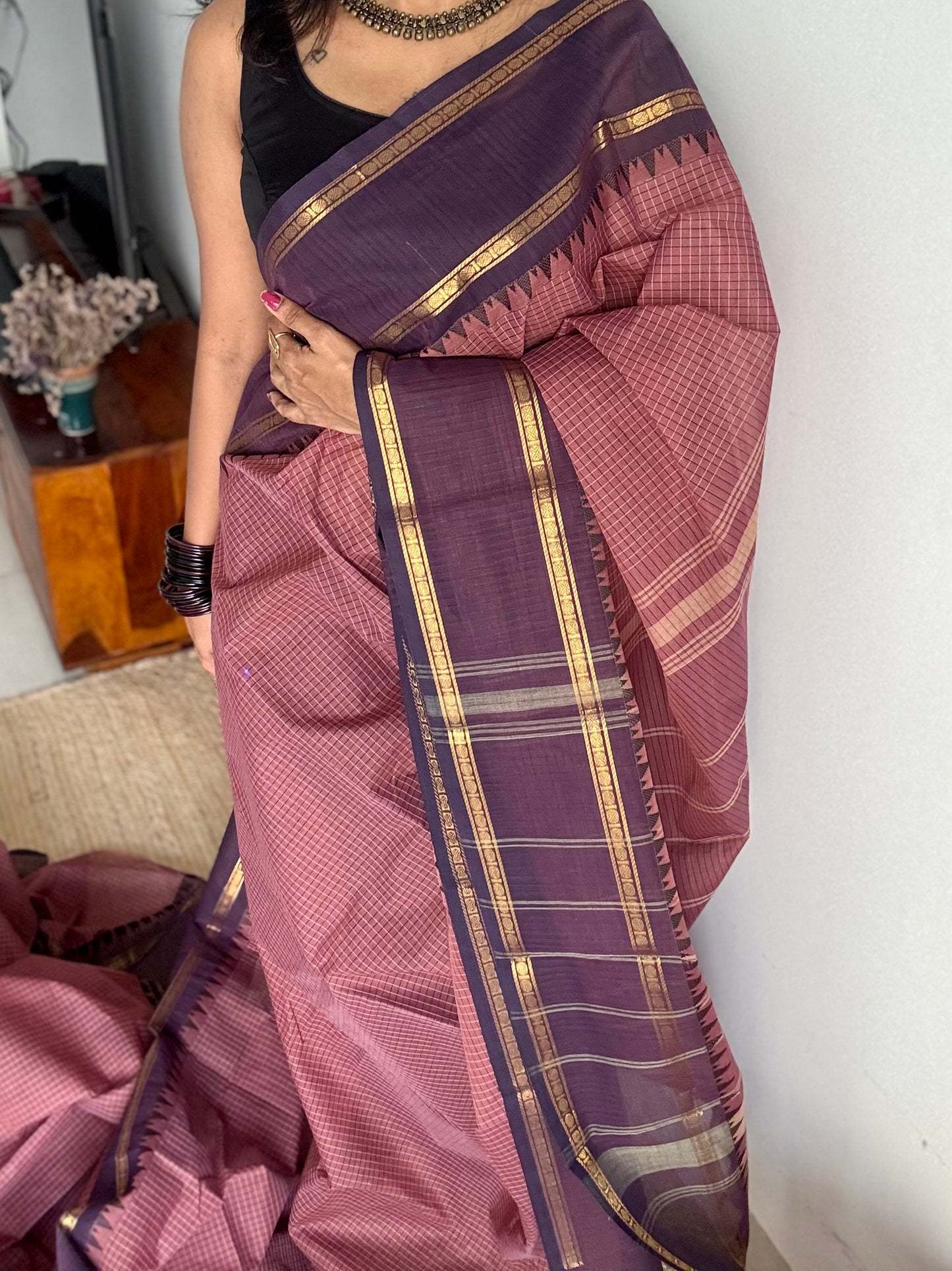 Dusty pink with deep purple border, temple motifs, checkered body, kanchi cotton - YCCOTNOCKC27