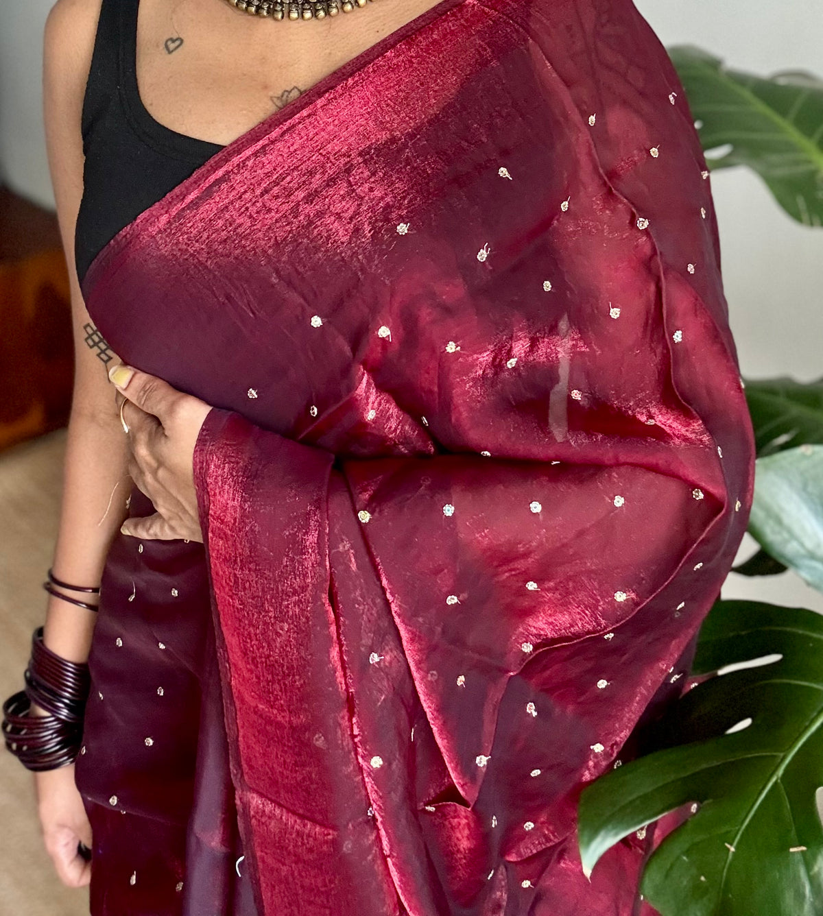 Metallic dual tone space silk saree, dark red with sequins - YCDOSOC48