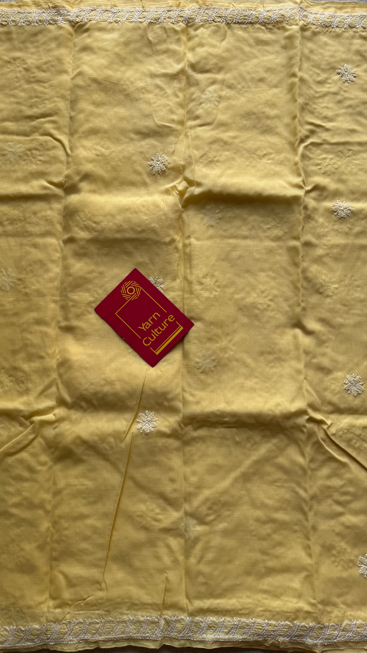 Ziya - light canary yellow hand-embroidered chikankari cotton saree - YCLCKFE417