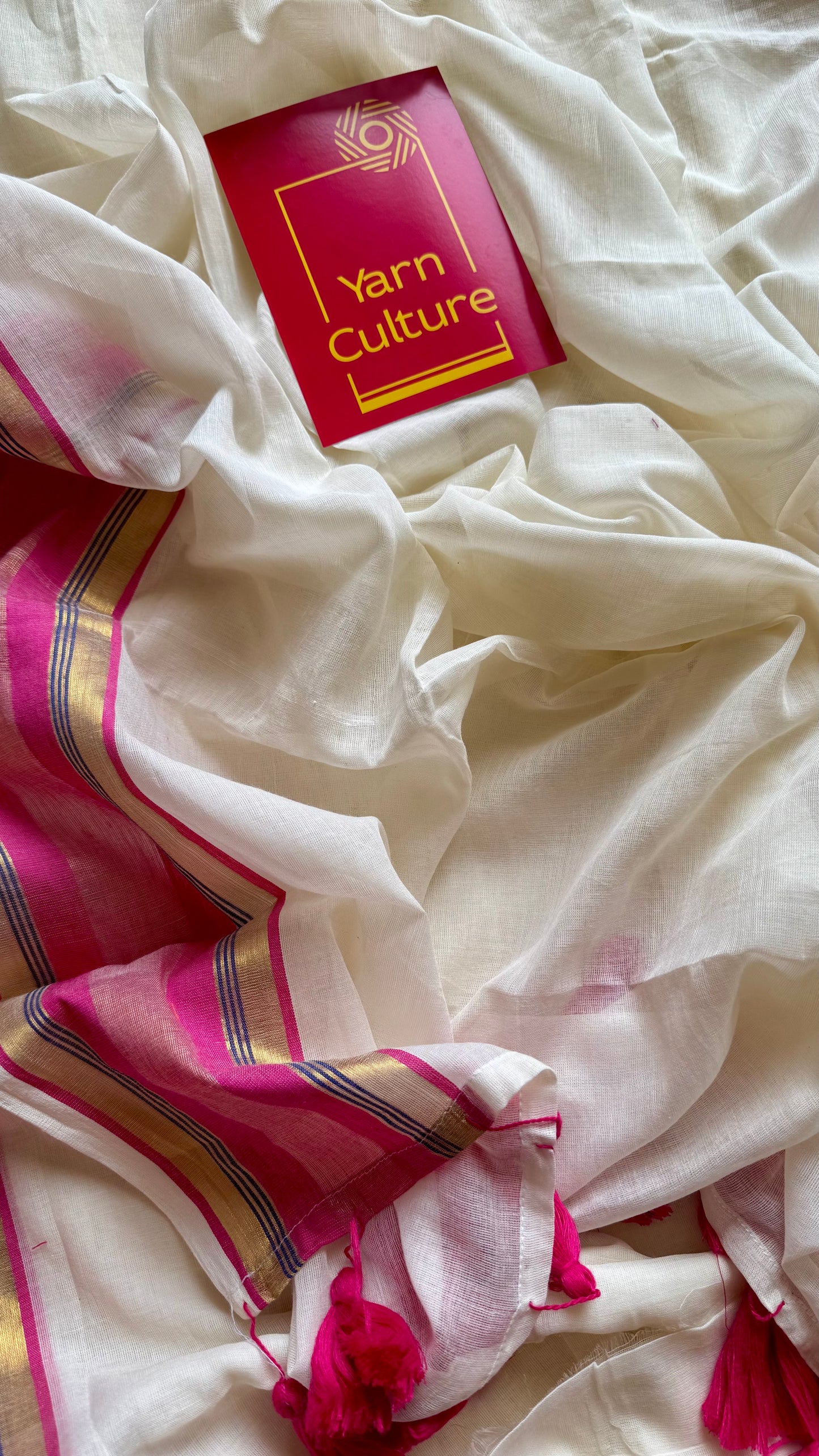 Ivory mul saree, hot pink and gold border  - YCIEON25
