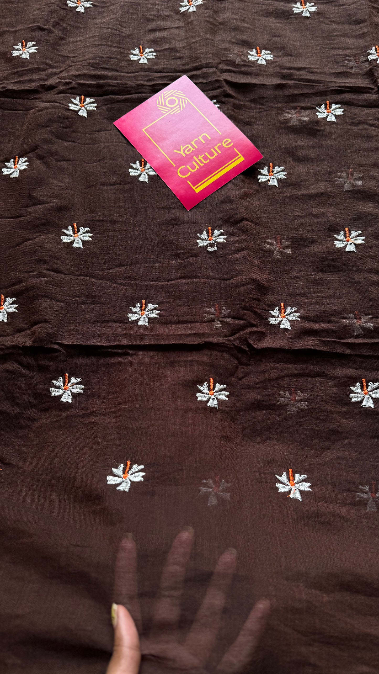 Brown with white floral embroidered mul cotton saree  - YCBCMCAP42