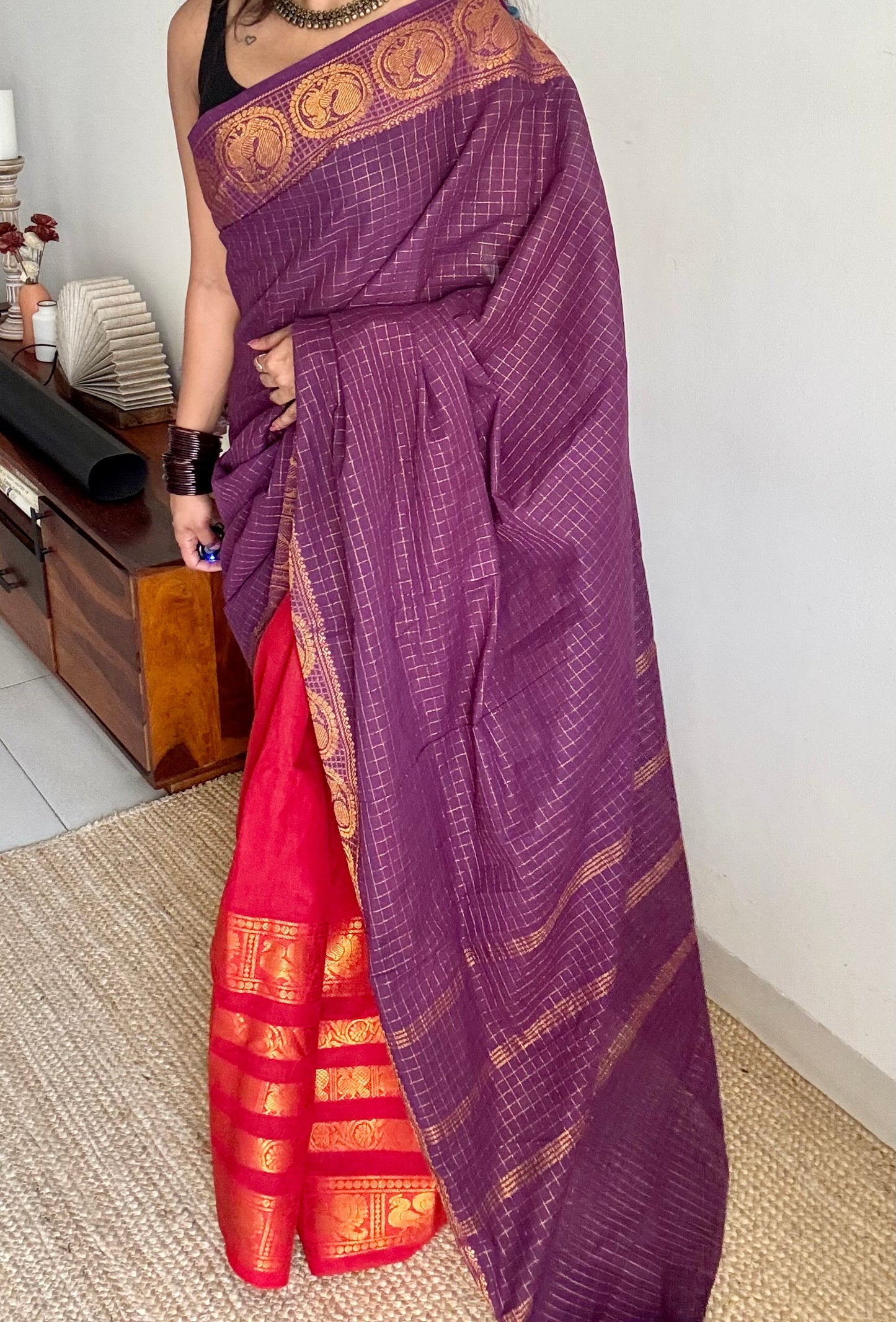 Purple and chilli red, sungudi cotton half-half saree - YCCOTNIDMA308