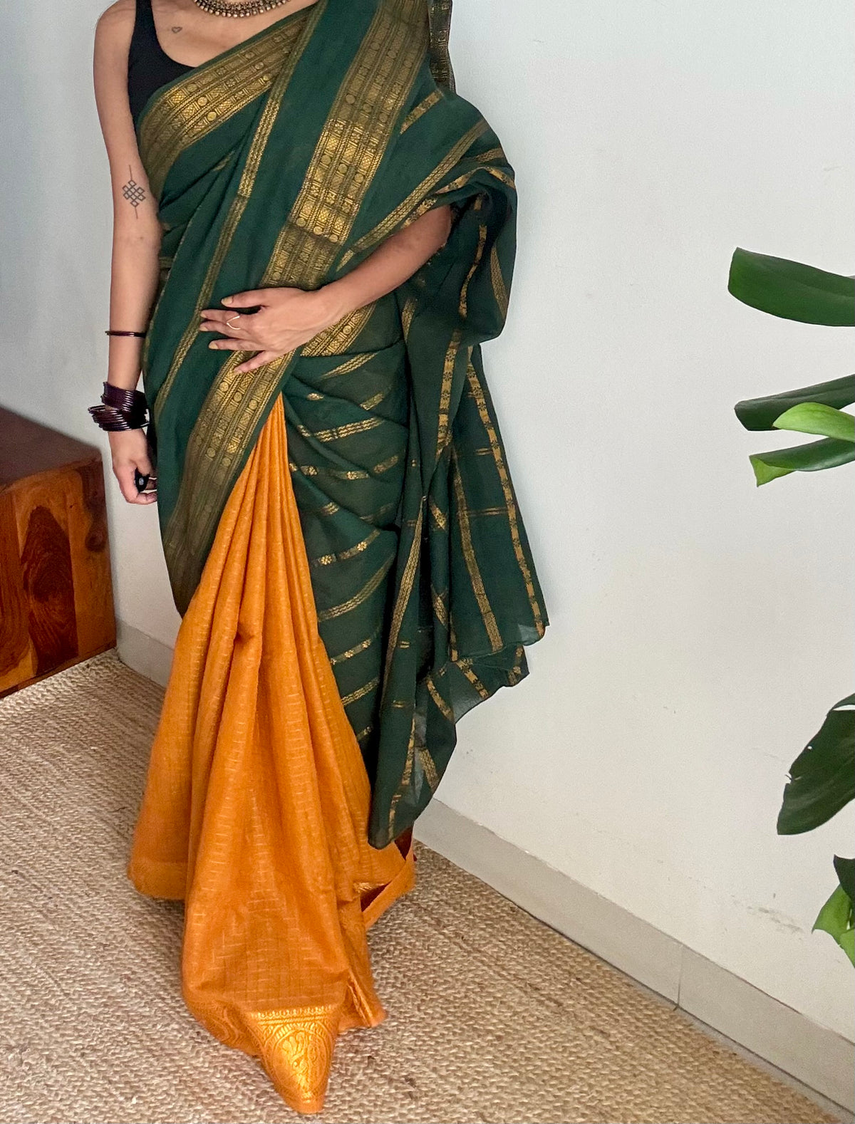 Dark green with yellow, sungudi cotton half-half saree - YCCOTNIDOC22