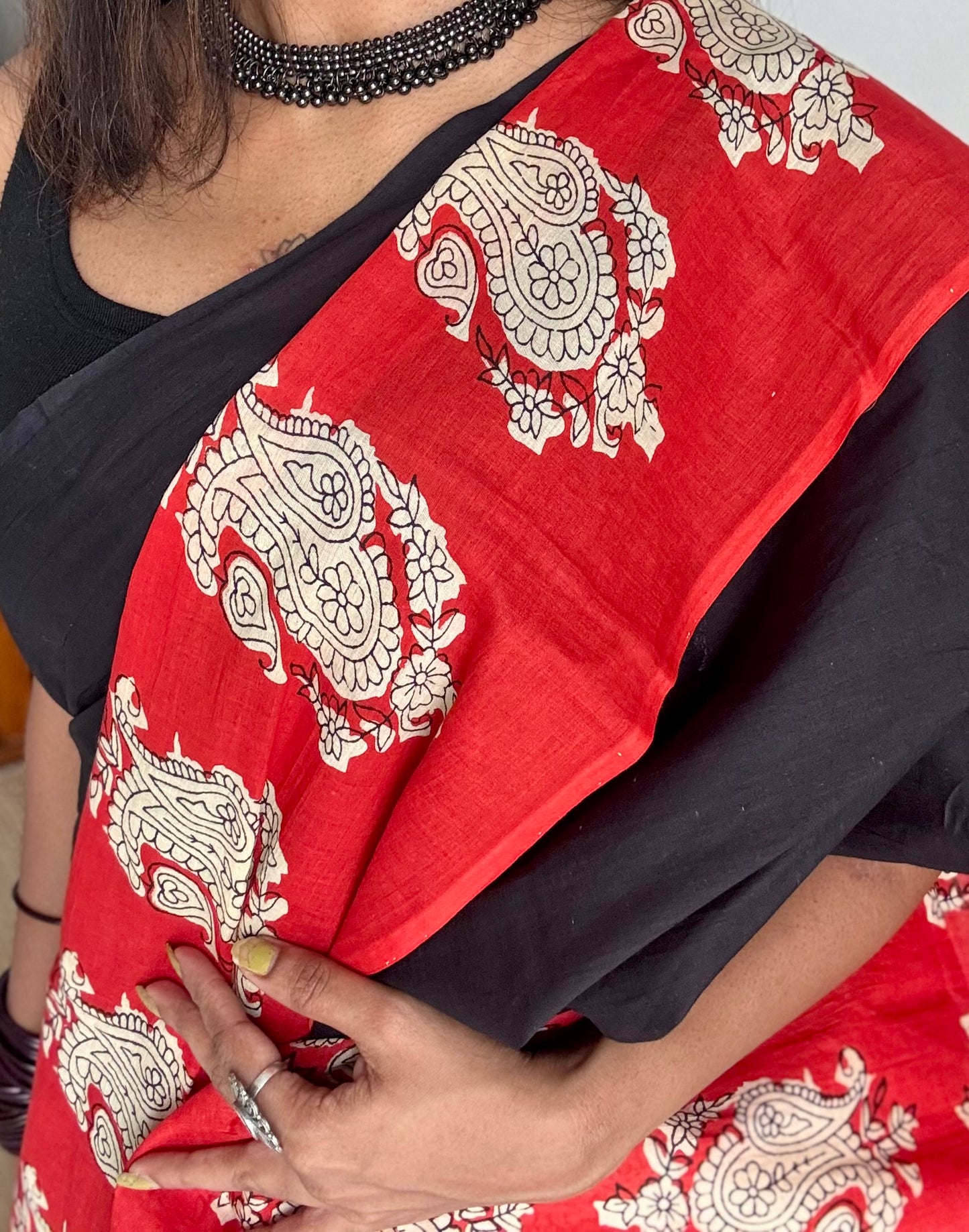 Black with red floral one sided border, soft cotton saree - YCTORCMA05