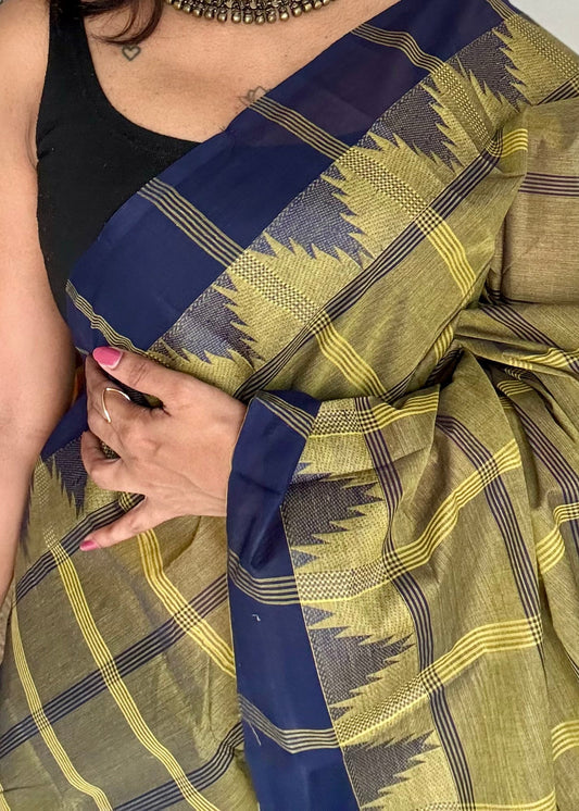 Chettinad cotton saree with olive green and navy checks, temple motif border - YCCOTNAP67