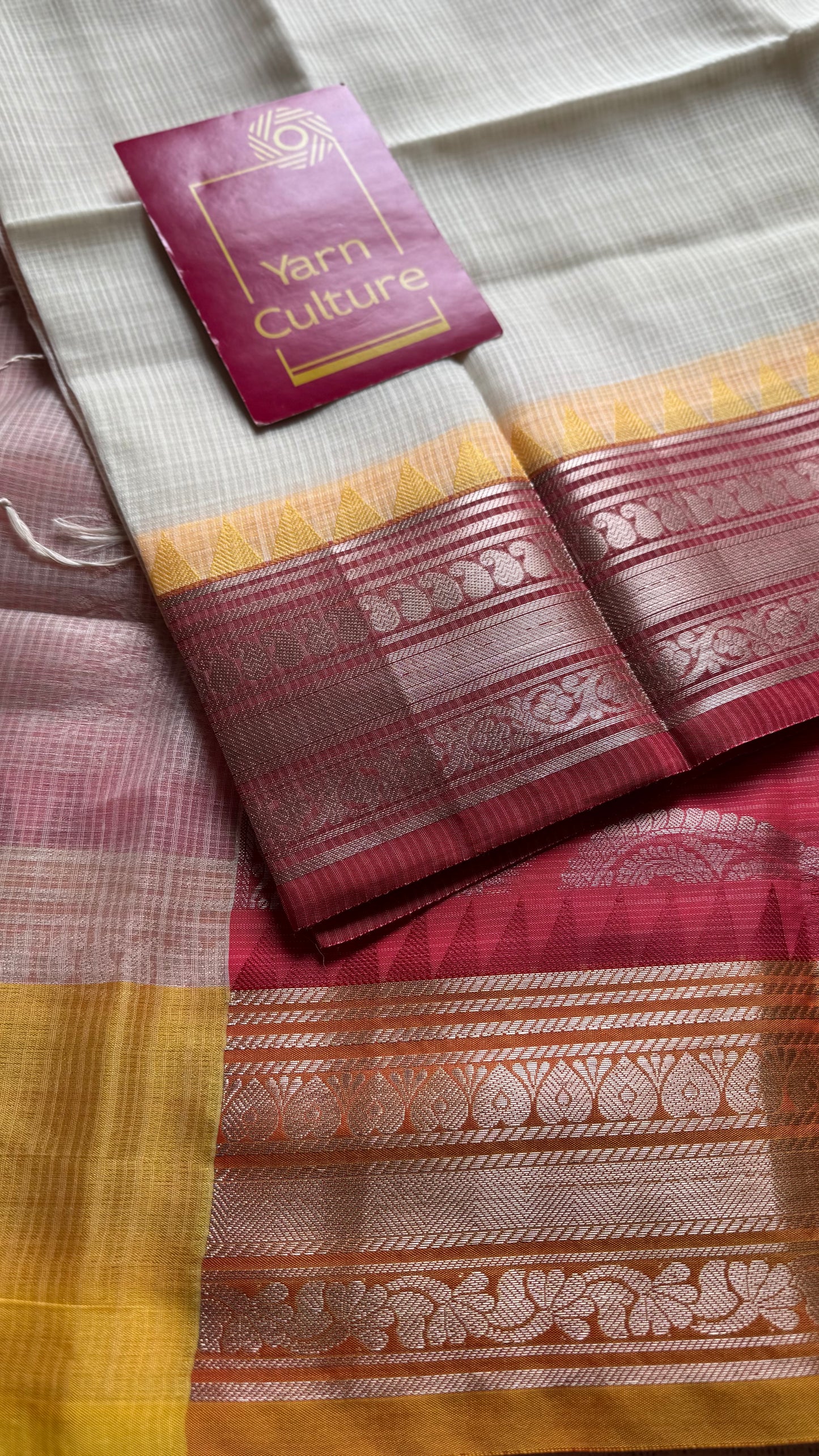 Cream with red and yellow contrast borders, kota doria with zari - YCBCDP14