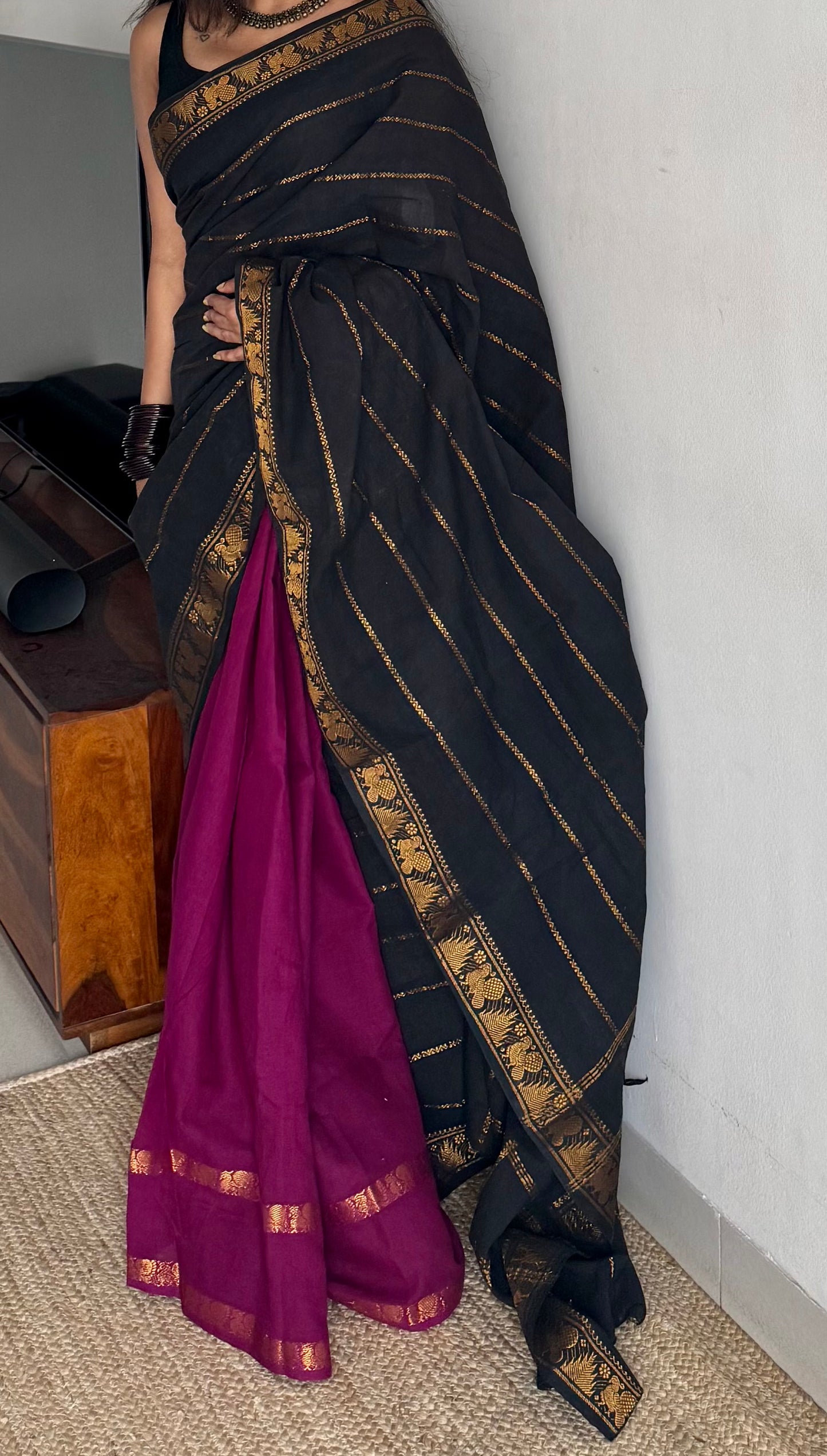 Black with purple pink (vadamalli), sungudi cotton half-half saree - YCCOTNMSFE358