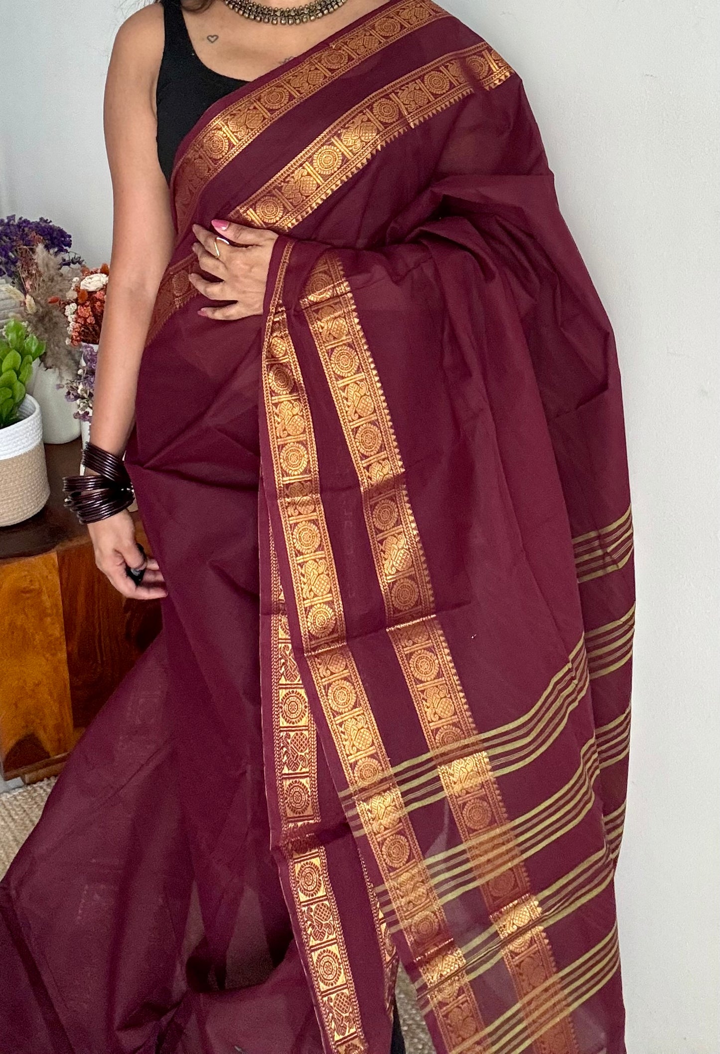 Kanchi cotton saree, dark maroon with rettaipet double zari border - YCCOTNAP90