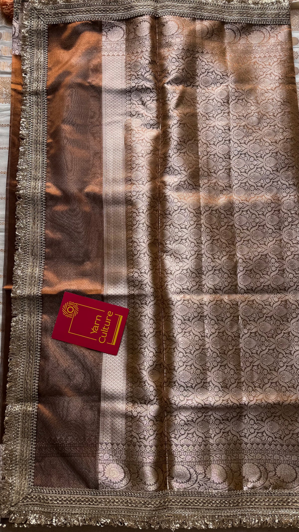 Brown tissue Banarasi saree with embellished gold lace border - YCBLTOC80