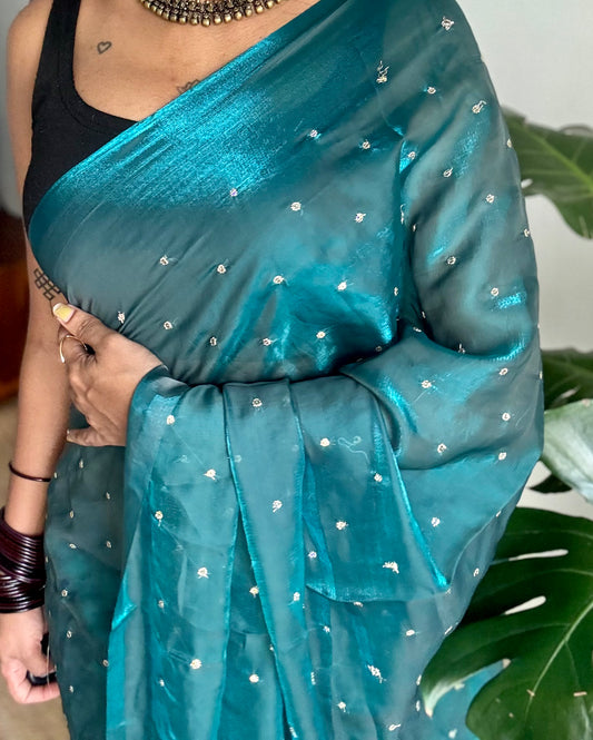 Metallic dual tone space silk saree, teal blue with sequins - YCDOSOC49