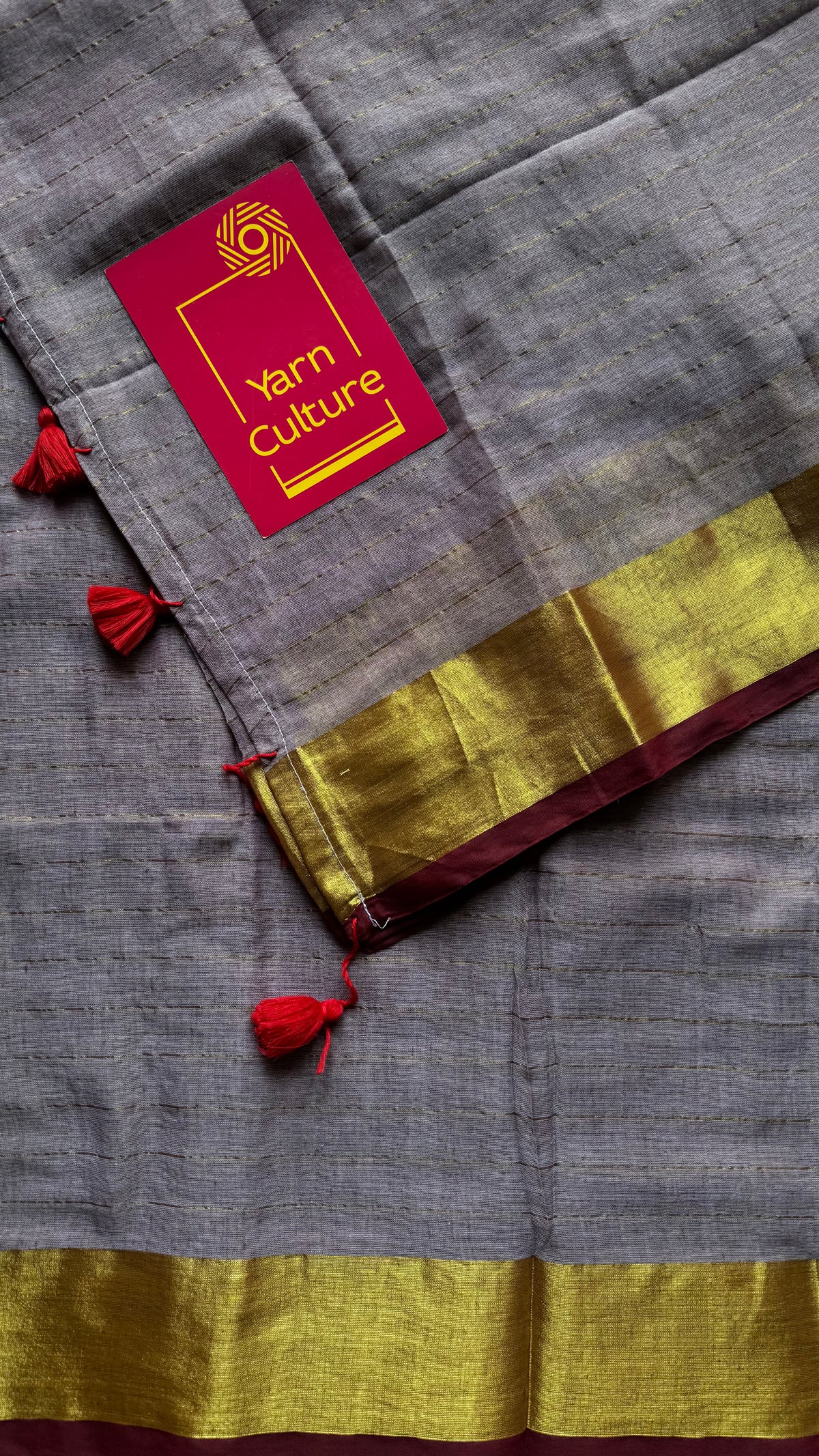 Grey mul cotton saree with zari stripes and maroon highlighted border - YCBCMCSE35