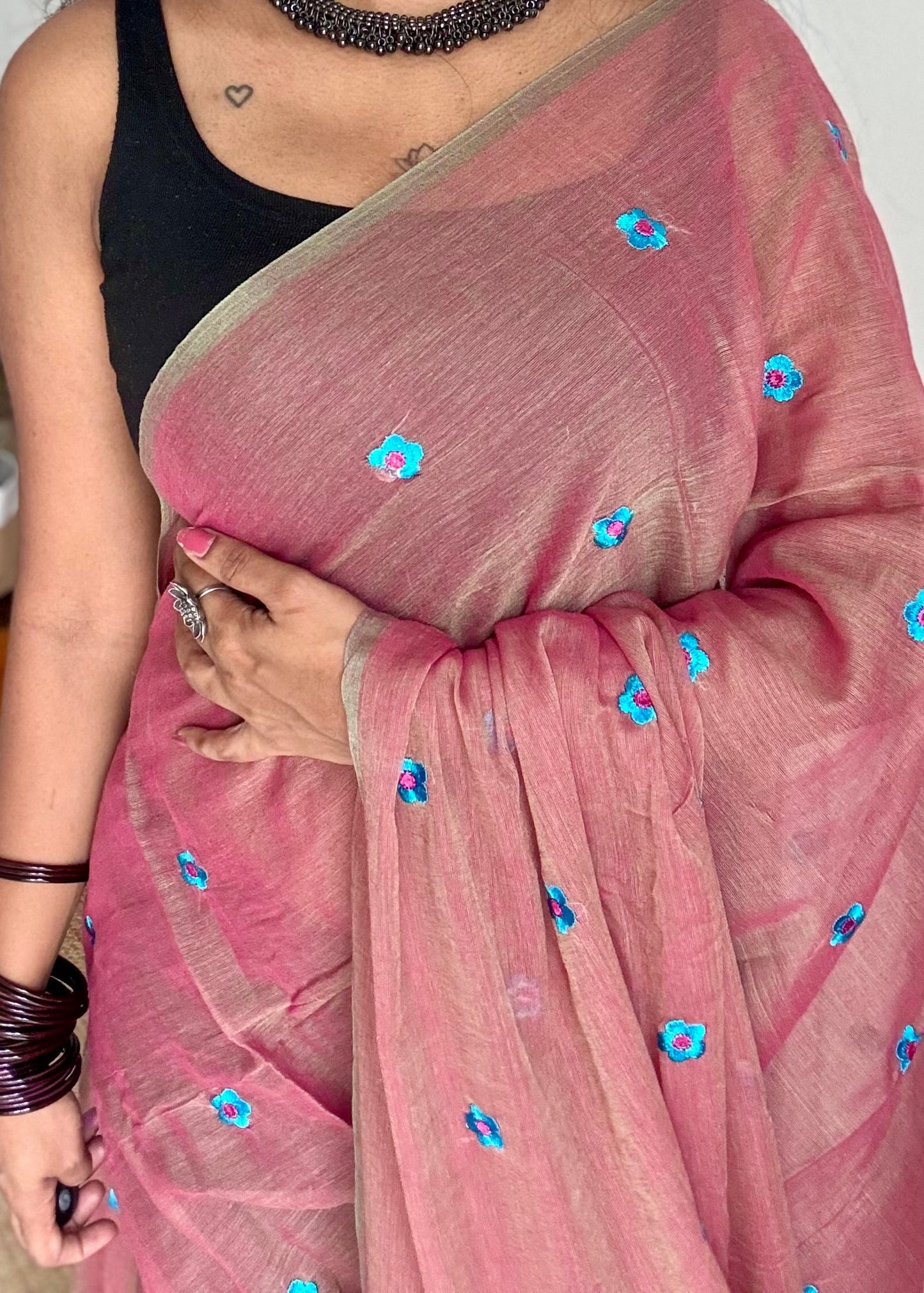 Dusty pink with grey dual tone, blue floral embroidered mul cotton saree  - YCBCMCAP44