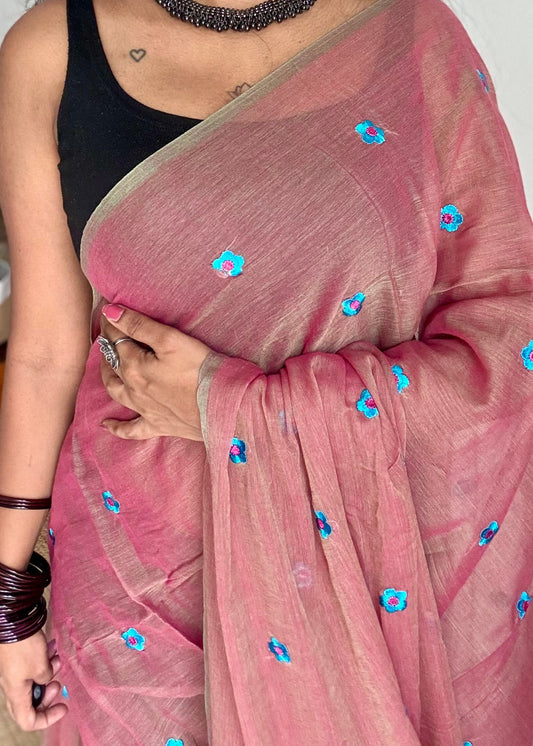 Dusty pink with grey dual tone, blue floral embroidered mul cotton saree  - YCBCMCAP44
