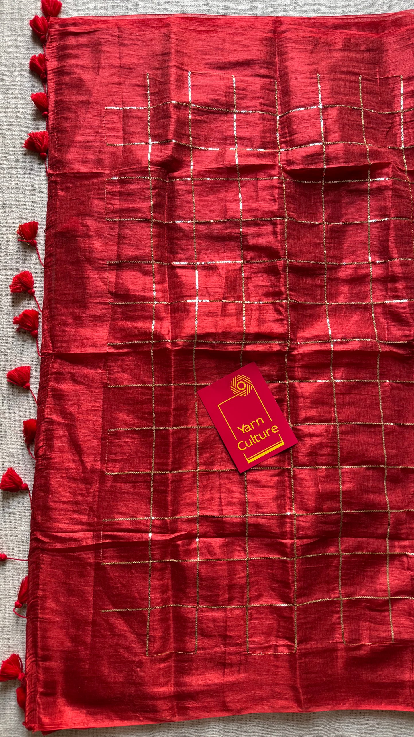 Red, checkered sequins work, mul tissue - YCBCMCJA07