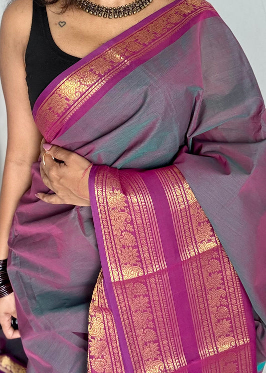 Dual tone grey with magenta, wide zari border, kanchi cotton - YCCOTNKCJA215