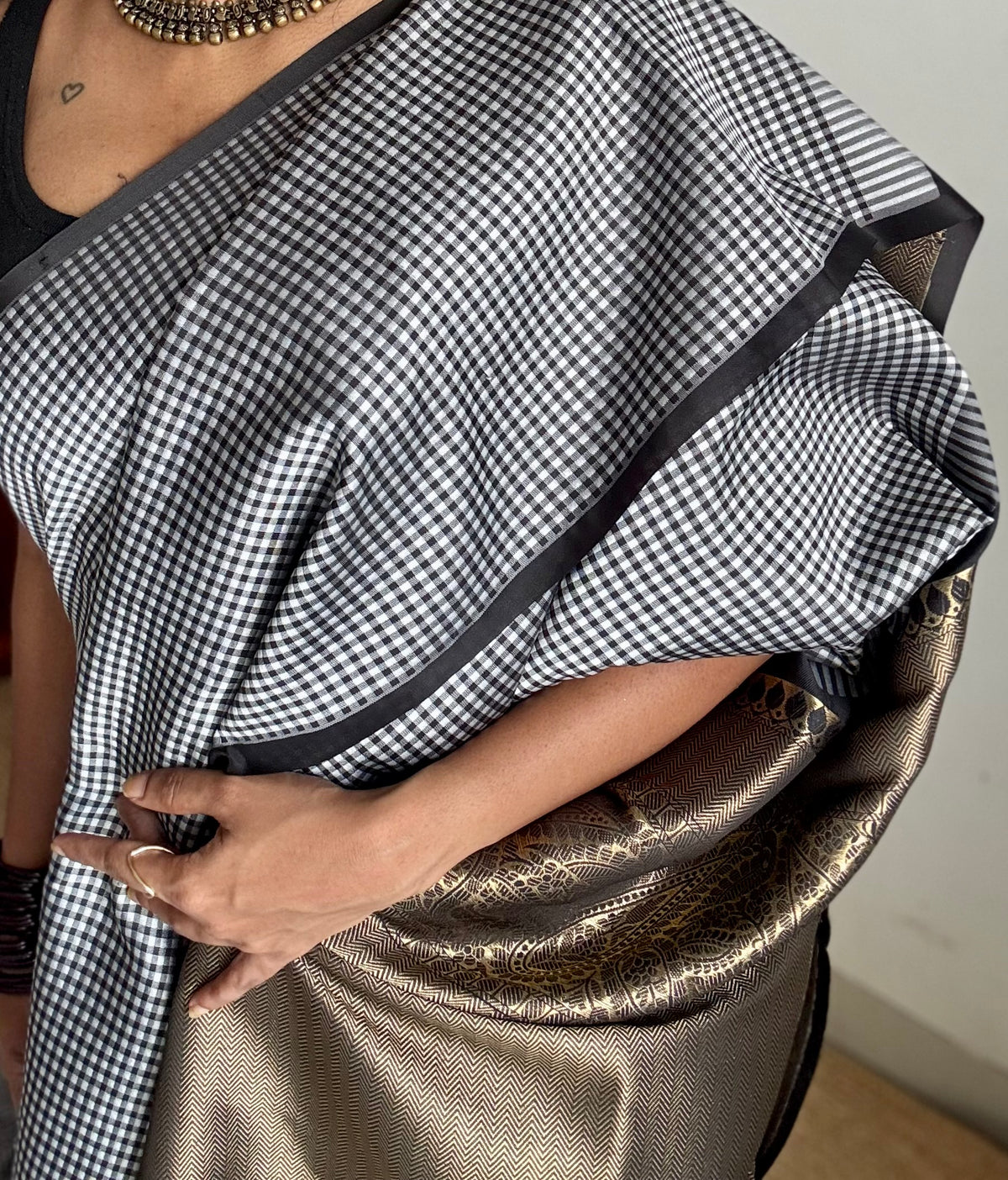 Black and white mini checks, Banarasi semi-katan silk saree with antique gold zari pallu - YCBLTOC93