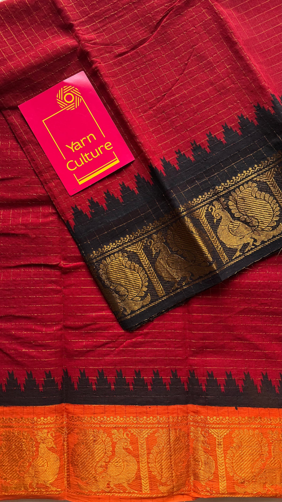 Sungudi cotton checks, red base, orange and black dual tone border, soft cotton - YCCOTNMSSE11