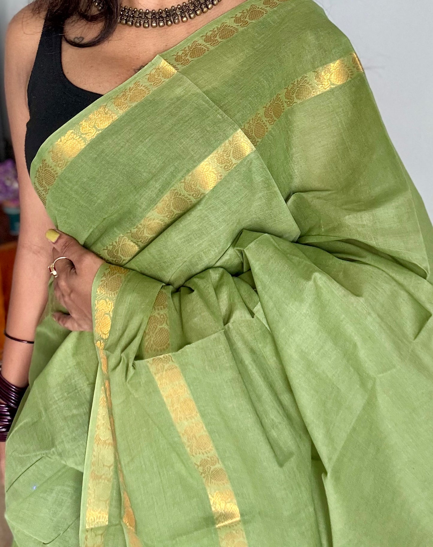 Sage green rettaipettu peacock double bordered, kattuchayam dyed madurai cotton saree - YCCOTNMSFE272
