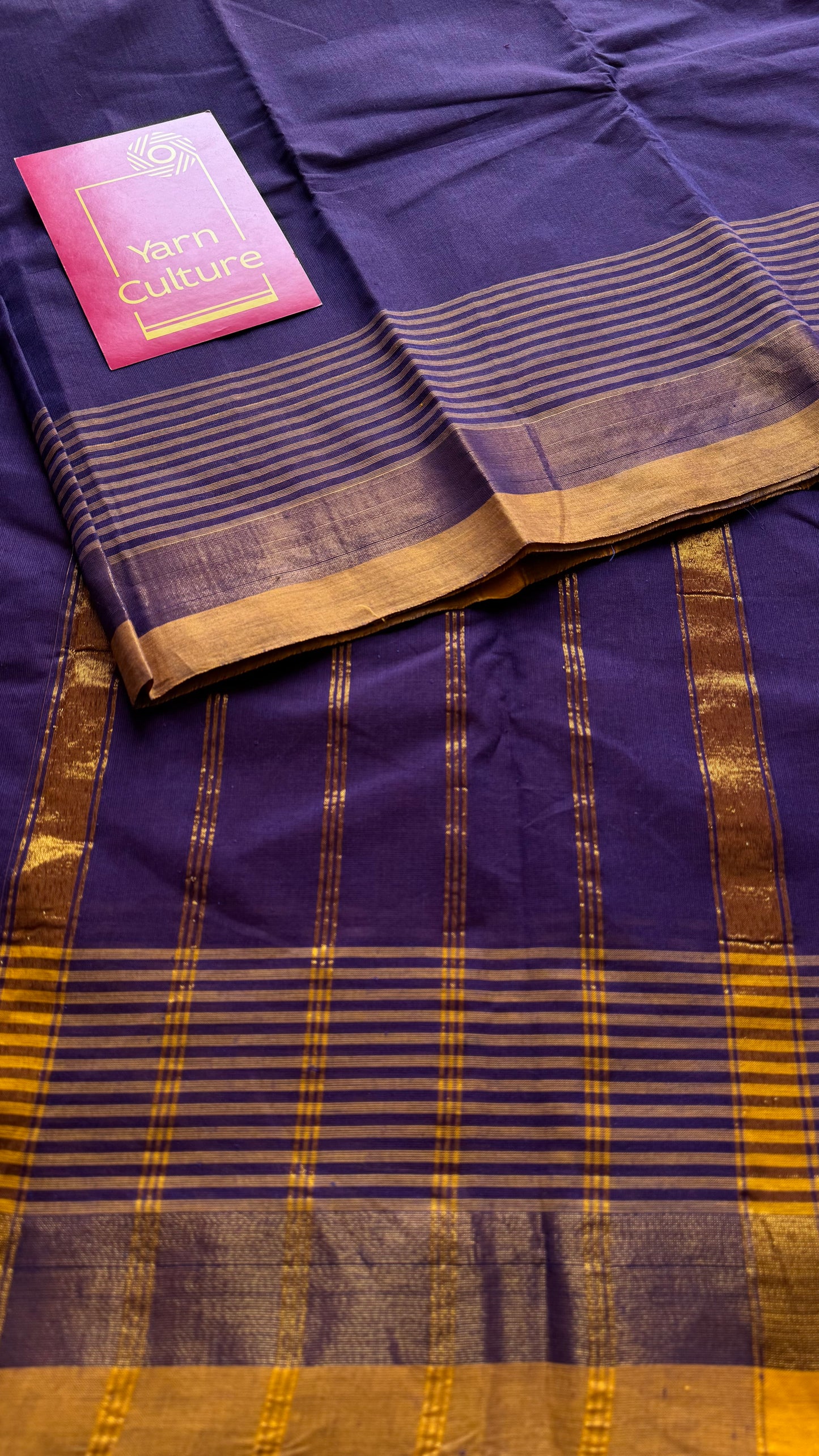 Violet and yellow Chettinad cotton saree with gold striped zari border - YCCOTNCCFE154