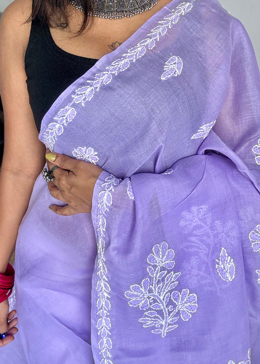 Inaya - lilac hand-embroidered chikankari cotton saree - YCLCKFE419