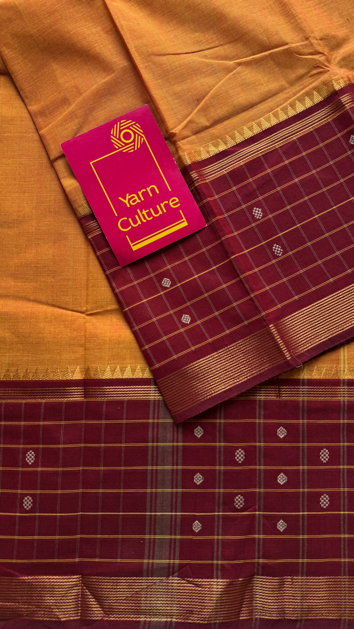 Orange and dark red contrast, Chettinad cotton saree with checkered border - YCCOTNMA268
