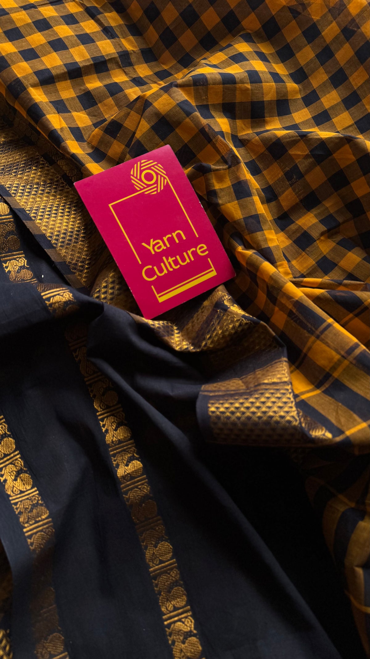 Yellow and black checks with black, sungudi and chettinad cotton half-half saree - YCCOTNIDOC29