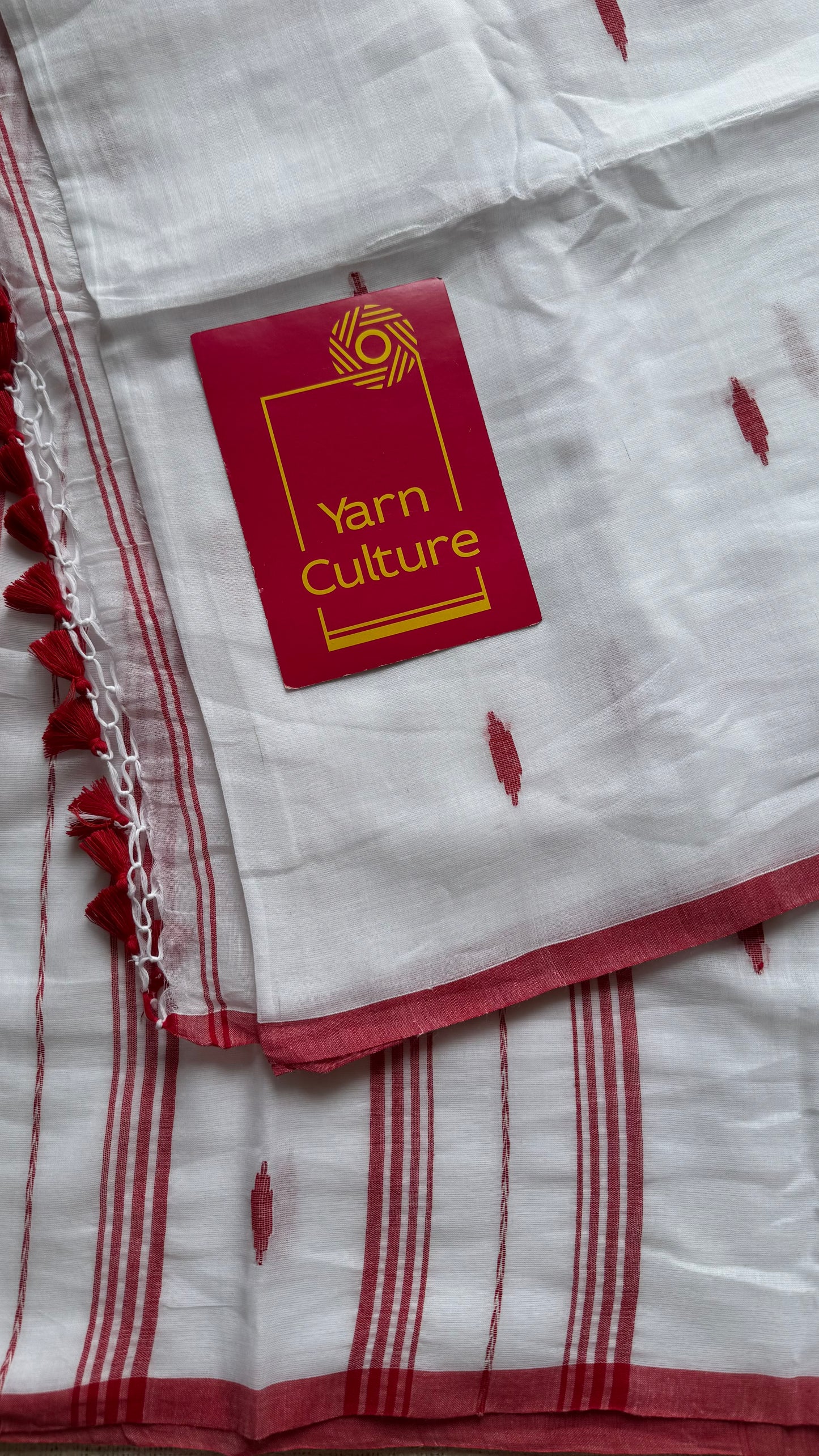 White with red border, jamdani motifs, mul cotton - YCBCDP13