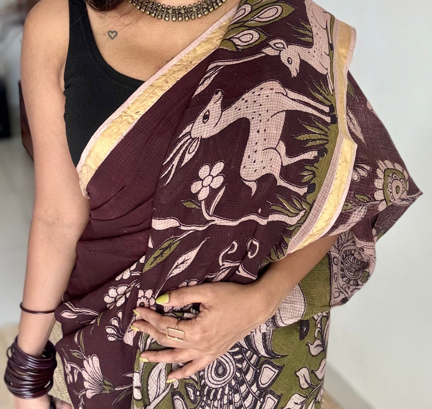 Purple brown floral kalamkari saree in kota - YCWOTDMA355