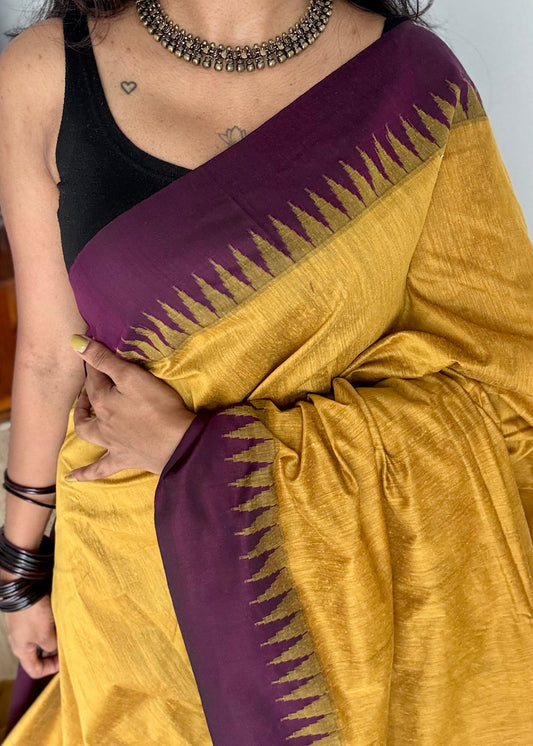 Yellow with wine temple border - kalyani cotton silk -YCCOTNSEKCS14