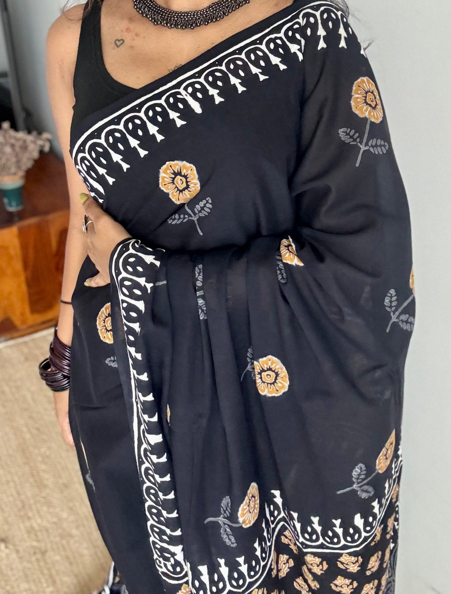 Midnight Marigold – a soft bloom of spring, block print, soft cotton - YCTOROCBP63