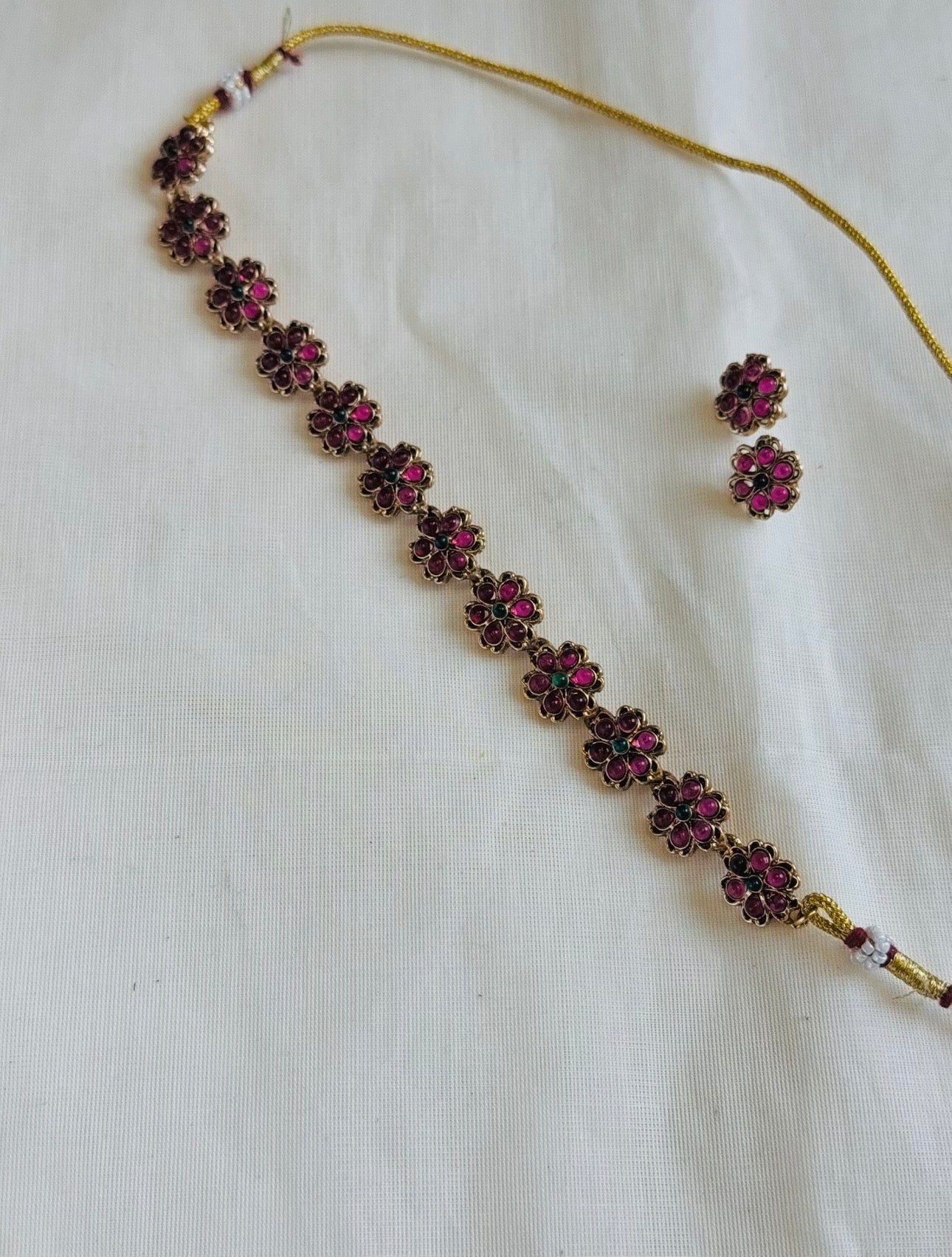 Ruby with green bead, floral pendant neckpiece with earrings - YCGPNP764