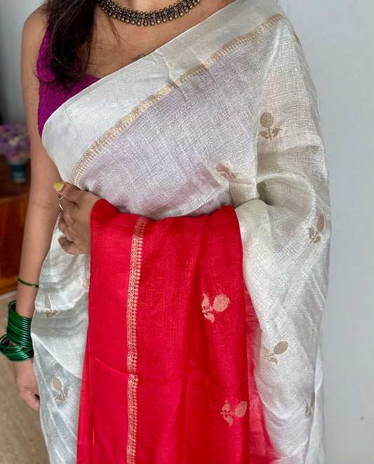 White red dual tone in viscose soft silk with satin border, jacquard zari motifs - YCDOSFE197