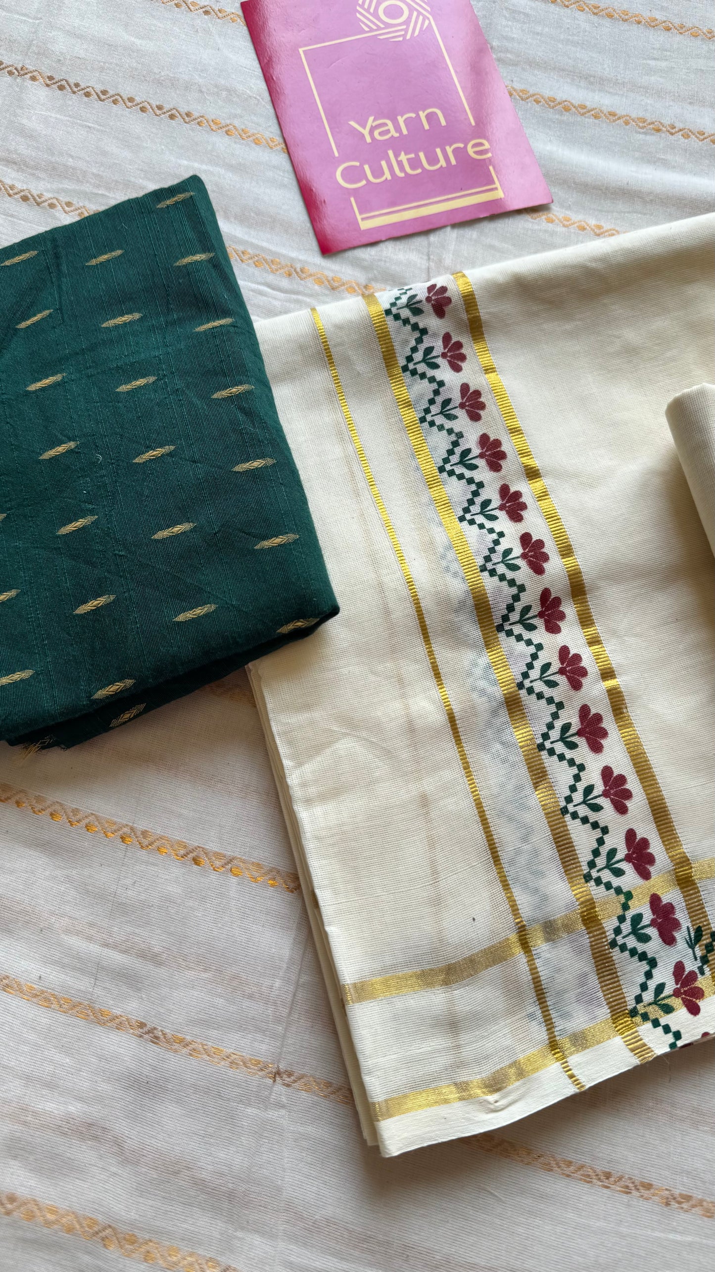 Set mund, maroon and green flowers, gold kasavu gap border - YCIEON107