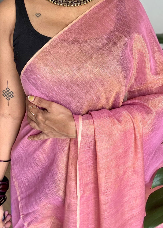 Onion pink with gold, dual tone metallic tissue linen saree - YCBCLTOC54