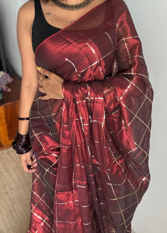 Maroon, checkered sequins work, mul tissue - YCBCMCJA10