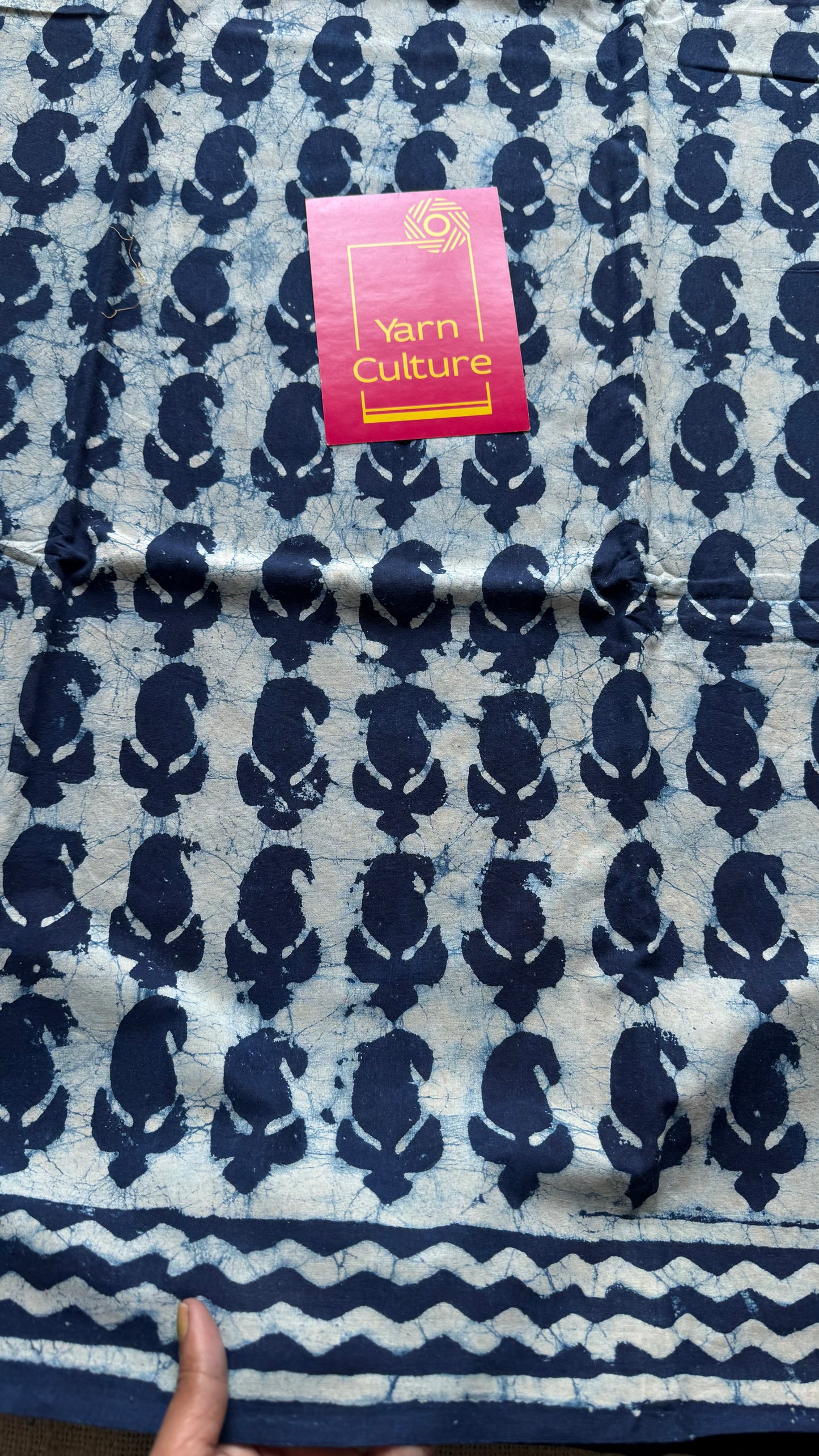 Beige with indigo paisley motifs, block printed soft cotton saree - YCTORCMA10