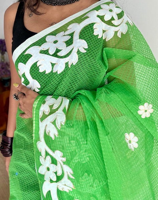 Khatta Kairi - green kota saree with white floral cut work - YCTORKDAP15