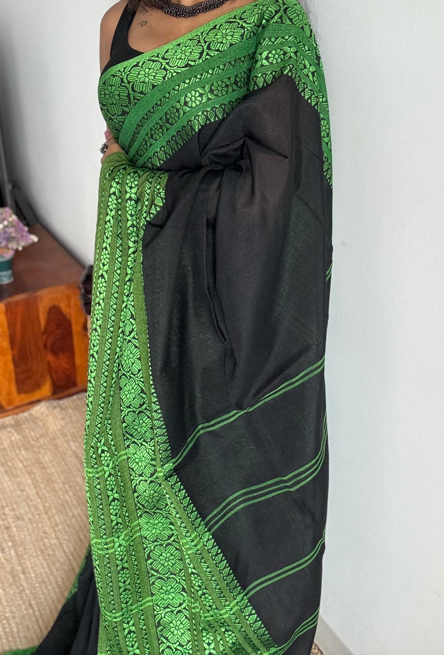 Black with green threadwork, begampuri soft cotton - YCBCBPJA195