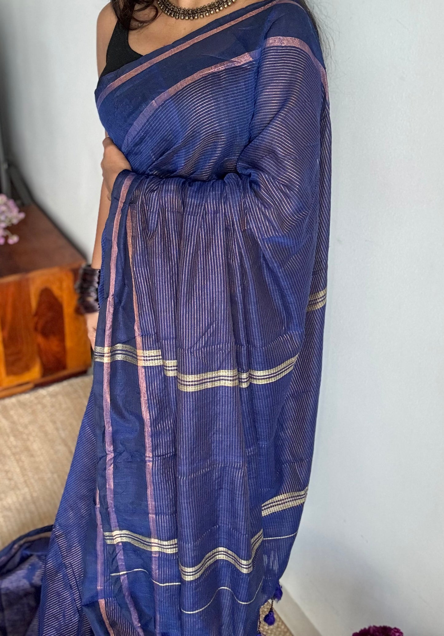 Dark indigo blue, gap border, antique gold zari stripes, soft cotton - YCBCKCZDE122