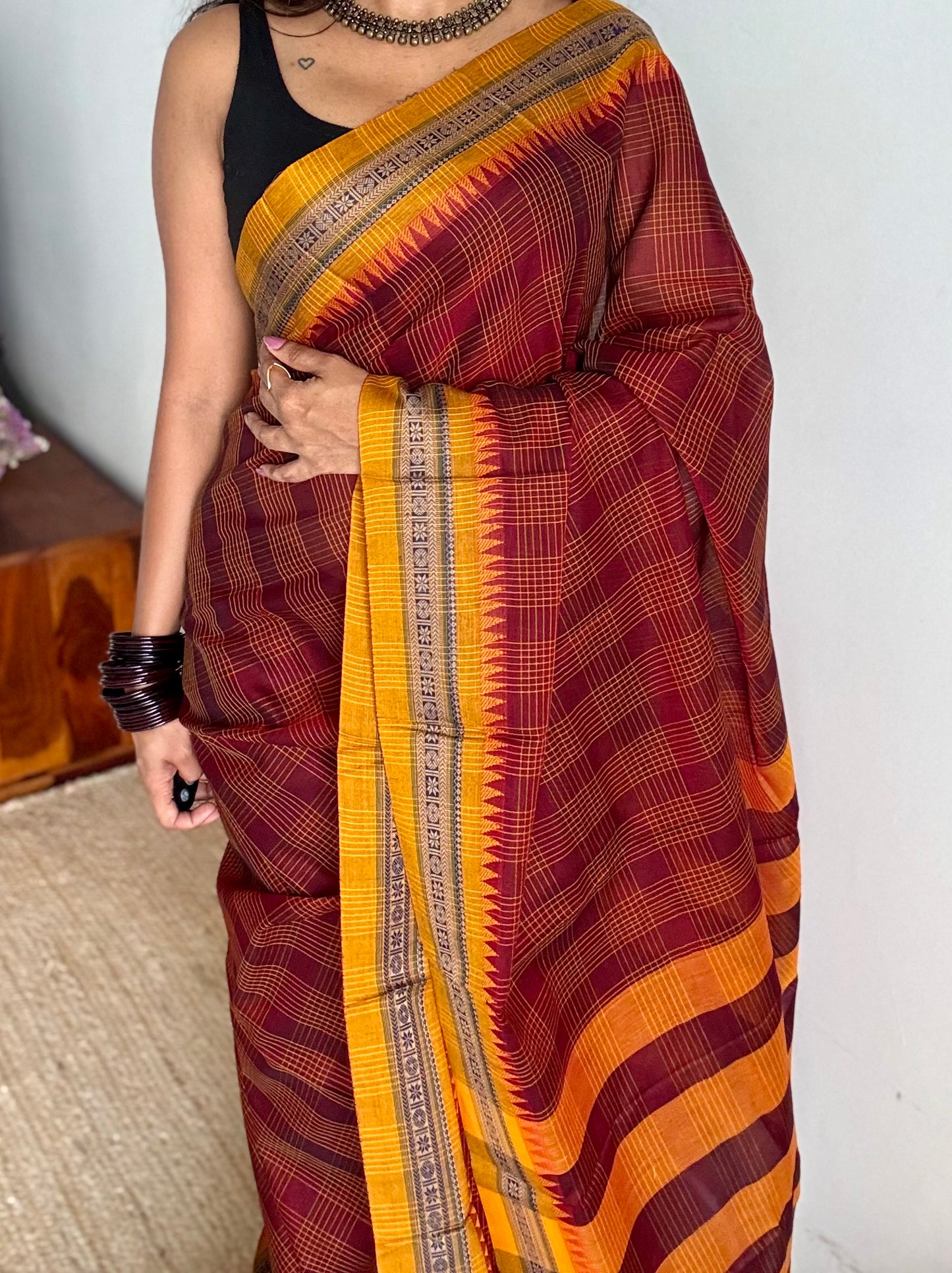 Maroon checks with yellow border, handloom, soft cotton - YCLOKC217