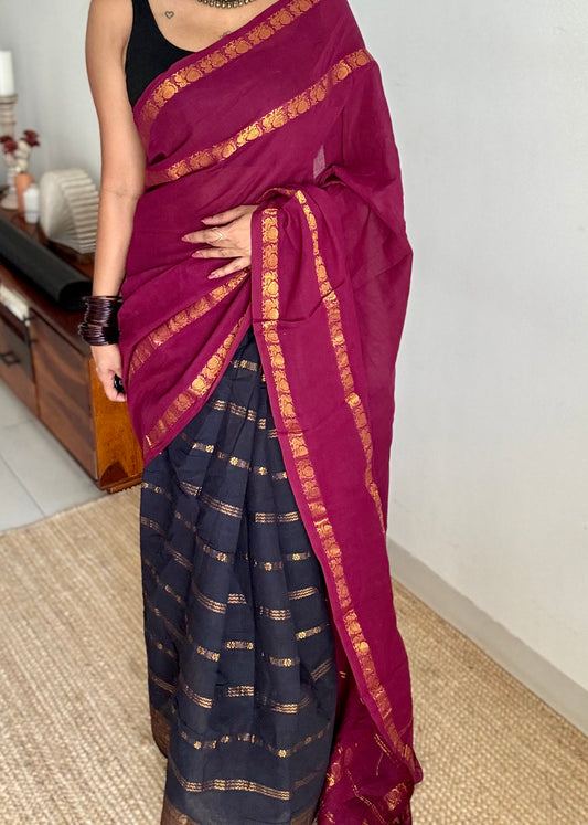 Dark vadamalli (purple pink) and black,  sungudi cotton half-half saree - YCCOTNIDMA297