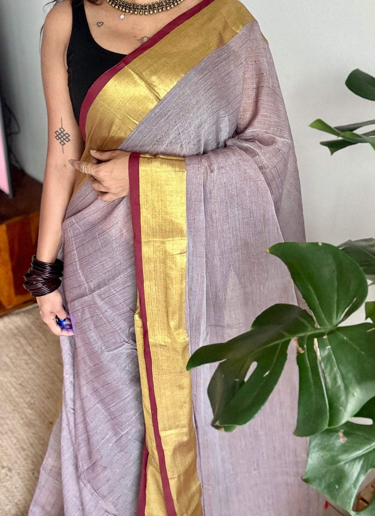 Grey mul cotton saree with zari stripes and maroon highlighted border - YCBCMCSE35