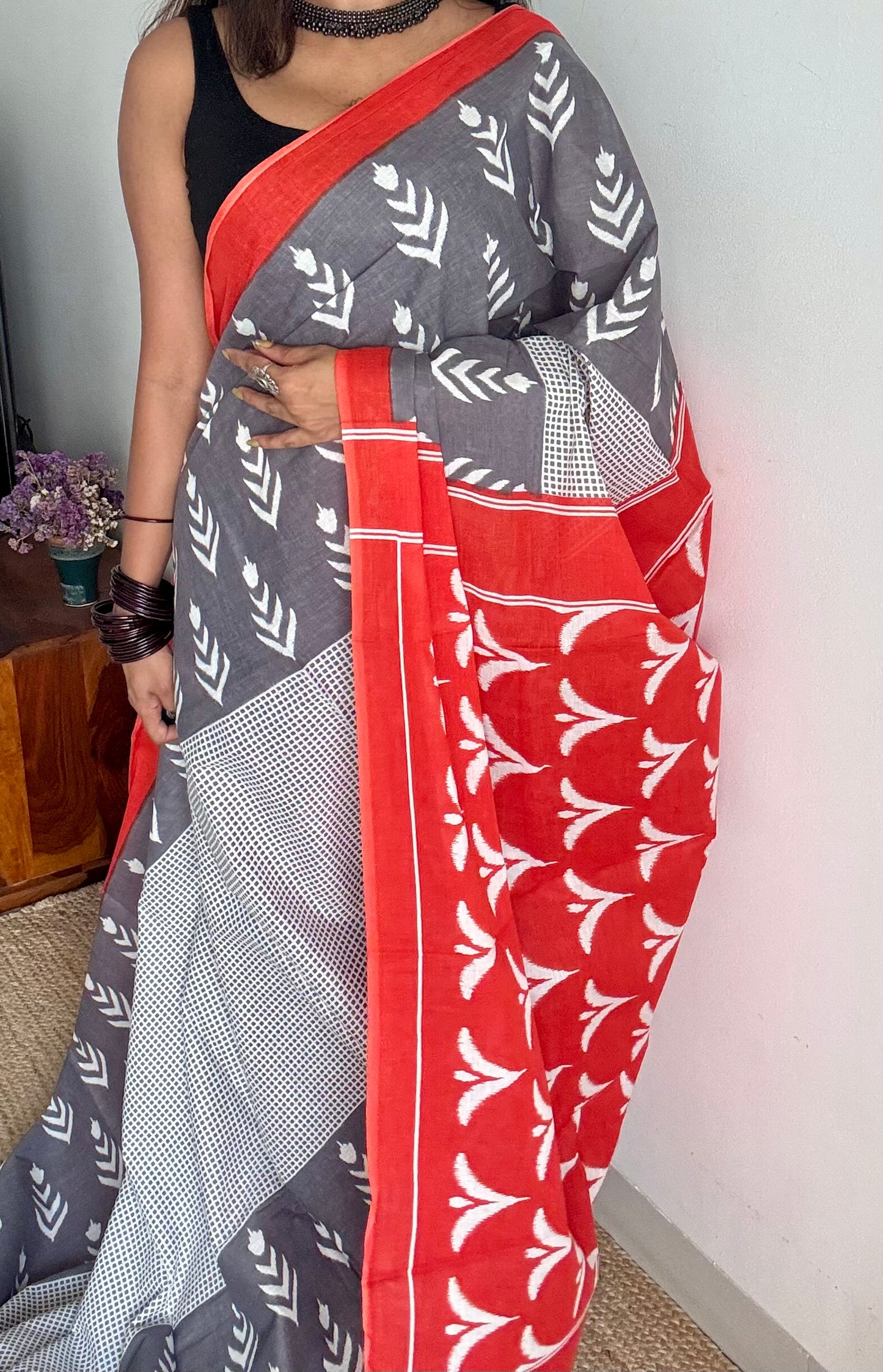 Grey with red border, white motifs, soft cotton saree - YCTORCMA07